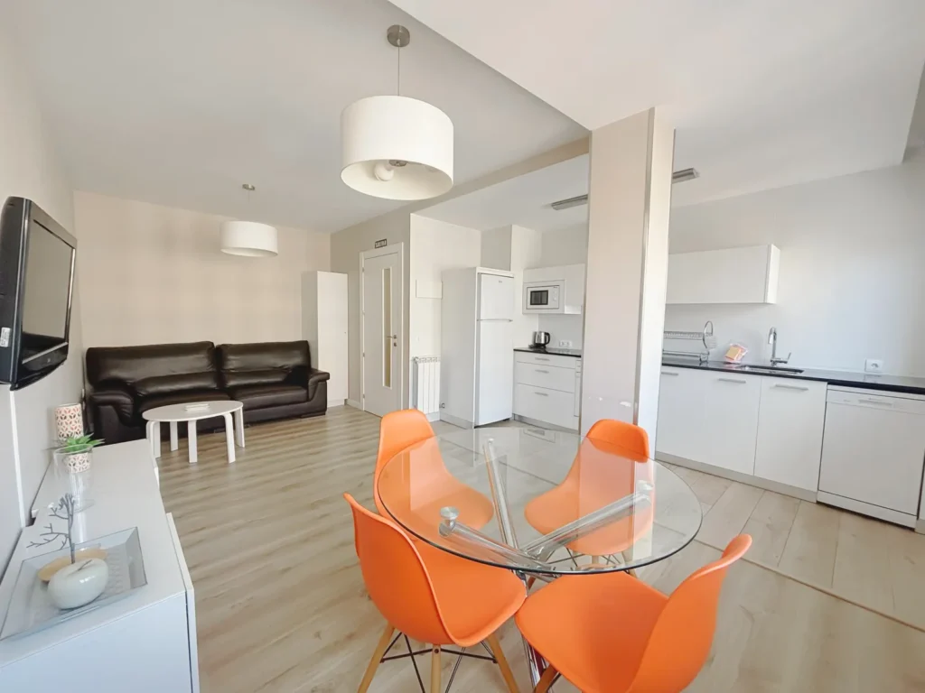 Living room with open kitchen in a 1-bedroom apartment in Pamplona